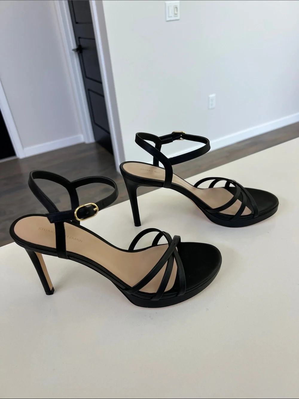 Stuart Weitzman starla 80 platform open toe sandals black leather heels 10